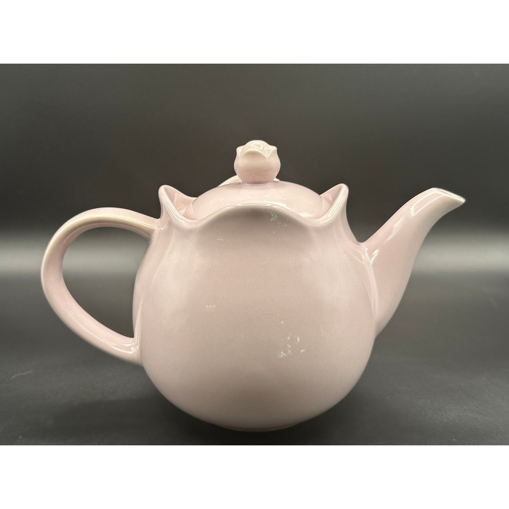 Lavender Ceramic Teapot 3D Floral Applique Scalloped Rim Vintage Pastel 6.5in - Picture 6 of 11